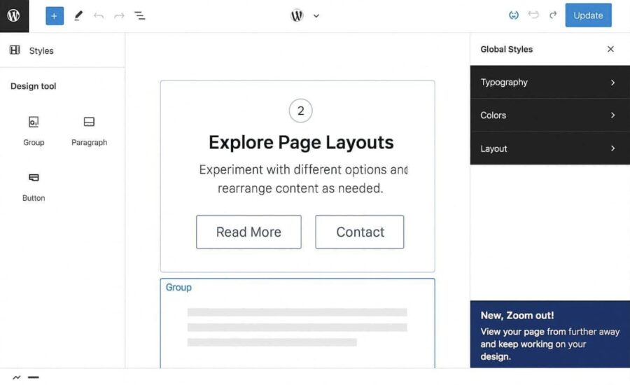 Visual preview of the Zoom Out mode in WordPress 6.8 Site Editor, showing an overview of templates and patterns for improved layout consistency.