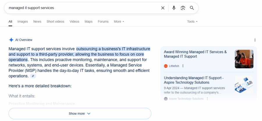 Google search results page showing Littlefish ranked number one in AI Overview for 'managed it support services' search term
