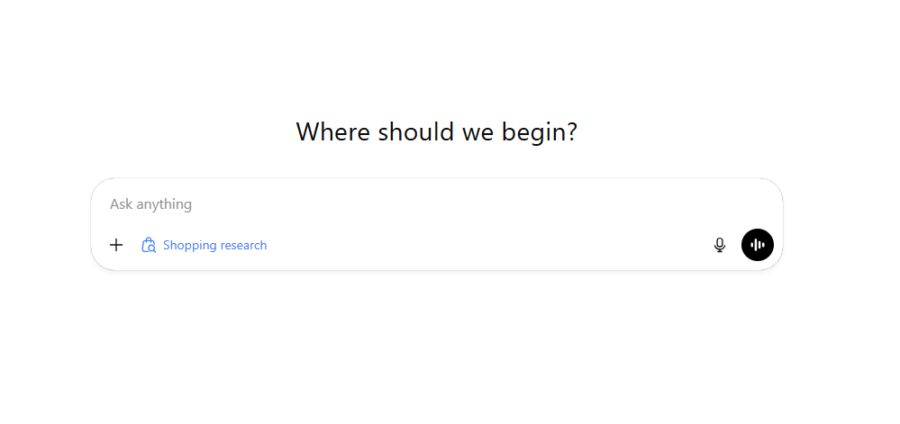 Minimal search interface displaying the heading ‘Where should we begin?’ above a large search bar with the placeholder text ‘Ask anything’, a Shopping research option and microphone and voice input icons on the right