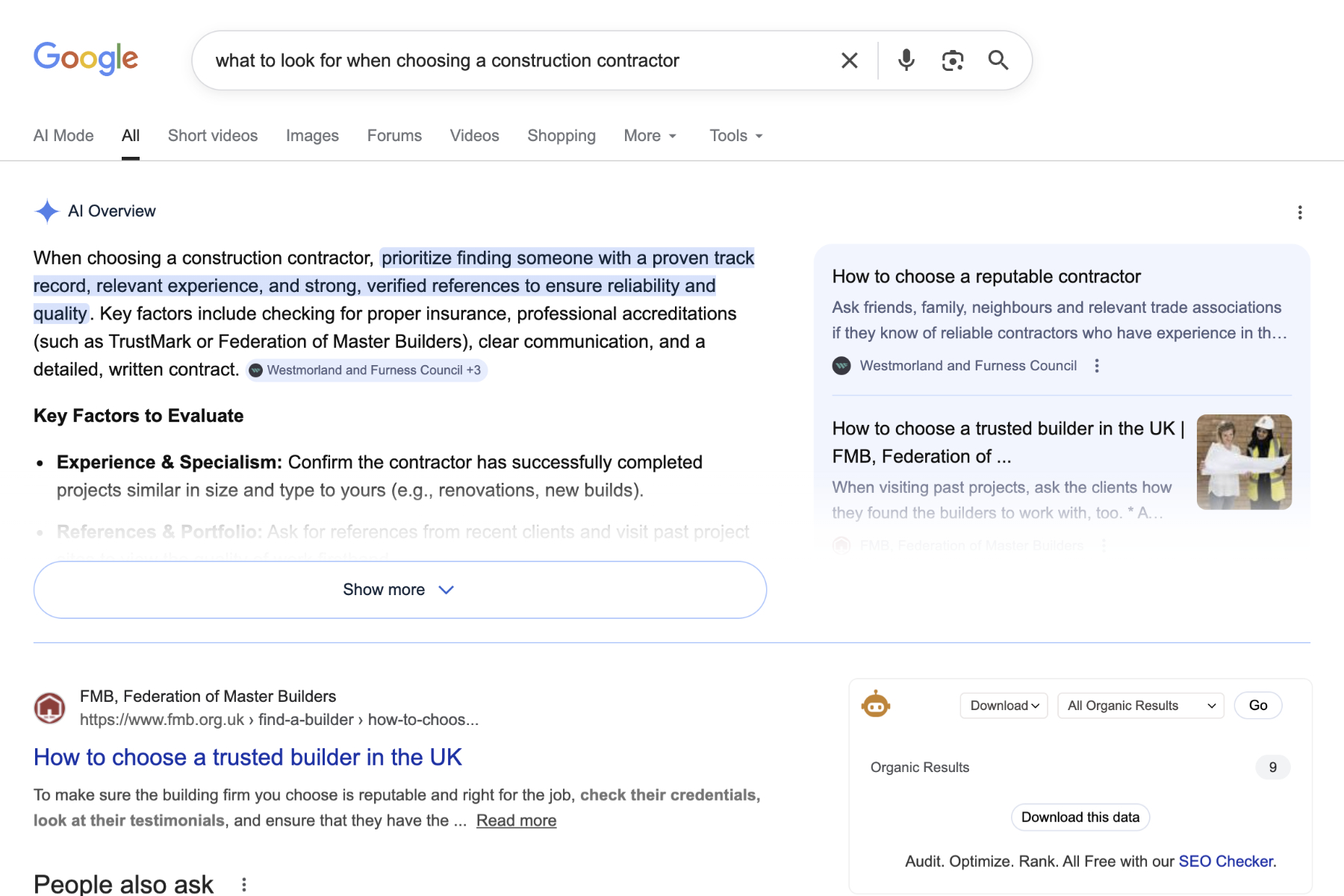 Google AI Overview for the query what to look for when choosing a construction contractor showing a synthesised answer with key evaluation factors