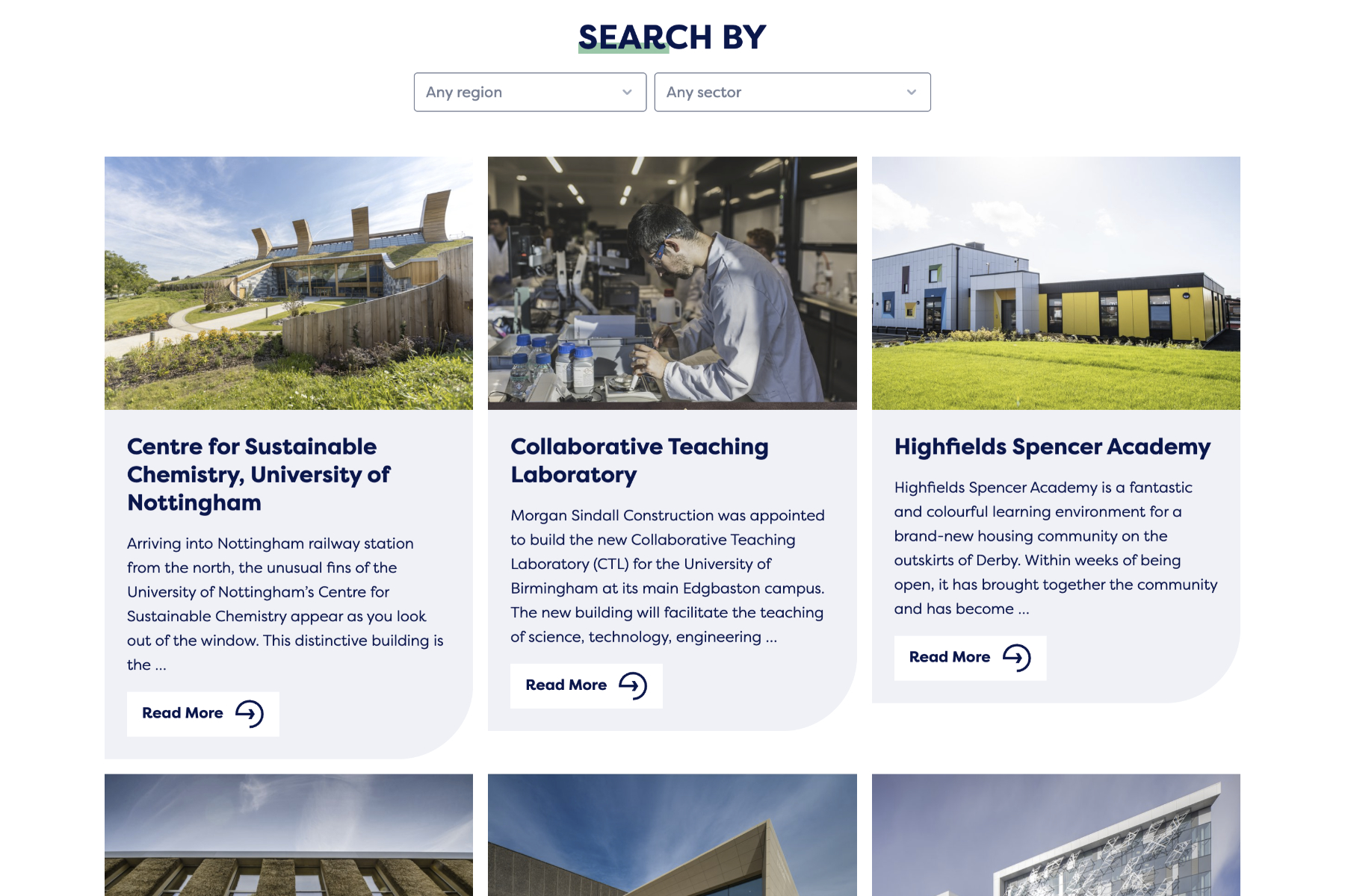 Morgan Sindall Construction case studies page showing structured project showcase with sector filtering