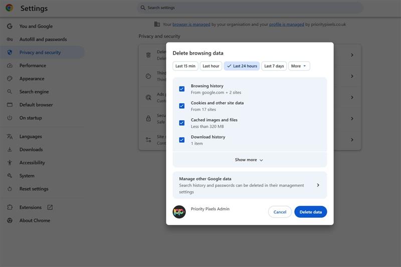 Google Chrome on desktop showing the Delete browsing data dialog with Cached images and files ticked and a time range of Last 24 hours selected.