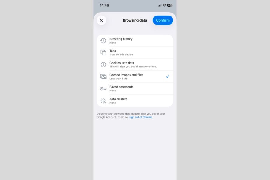 Google Chrome on iPhone showing the Browsing data screen with Cached images and files selected and a Confirm button at the top right.