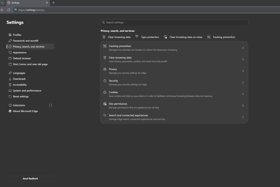 Microsoft Edge on desktop showing the Privacy, search, and services settings page with the Clear browsing data option highlighted.