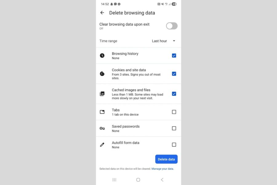 Microsoft Edge on Android showing the Delete browsing data screen with Cached images and files ticked, ready to delete.