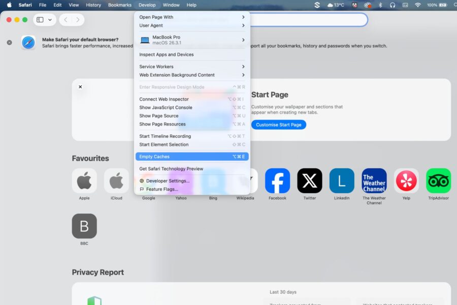 Safari on Mac with the Develop menu open and the Empty Caches option highlighted.