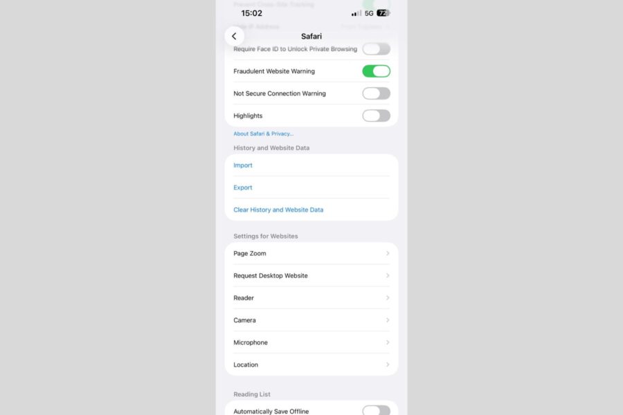 iPhone Settings showing the Safari section with the Clear History and Website Data option visible under History and Website Data.