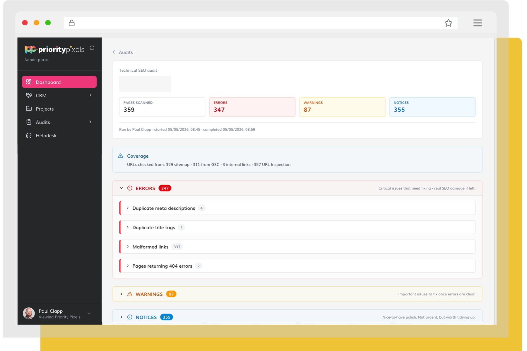 Priority Pixels Client Hub - Technical SEO Audit view