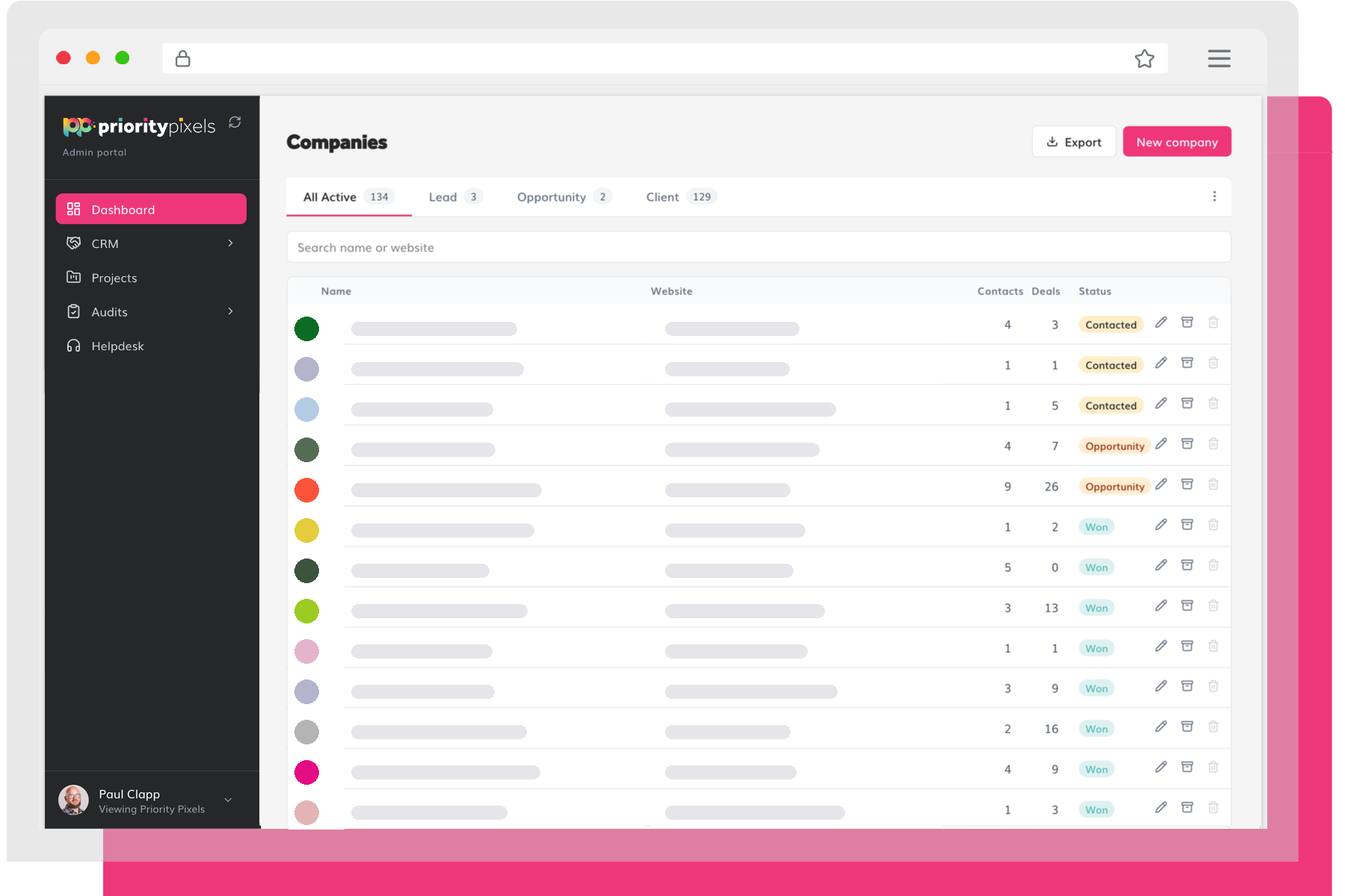 Priority Pixels Client Hub - CRM Companies view