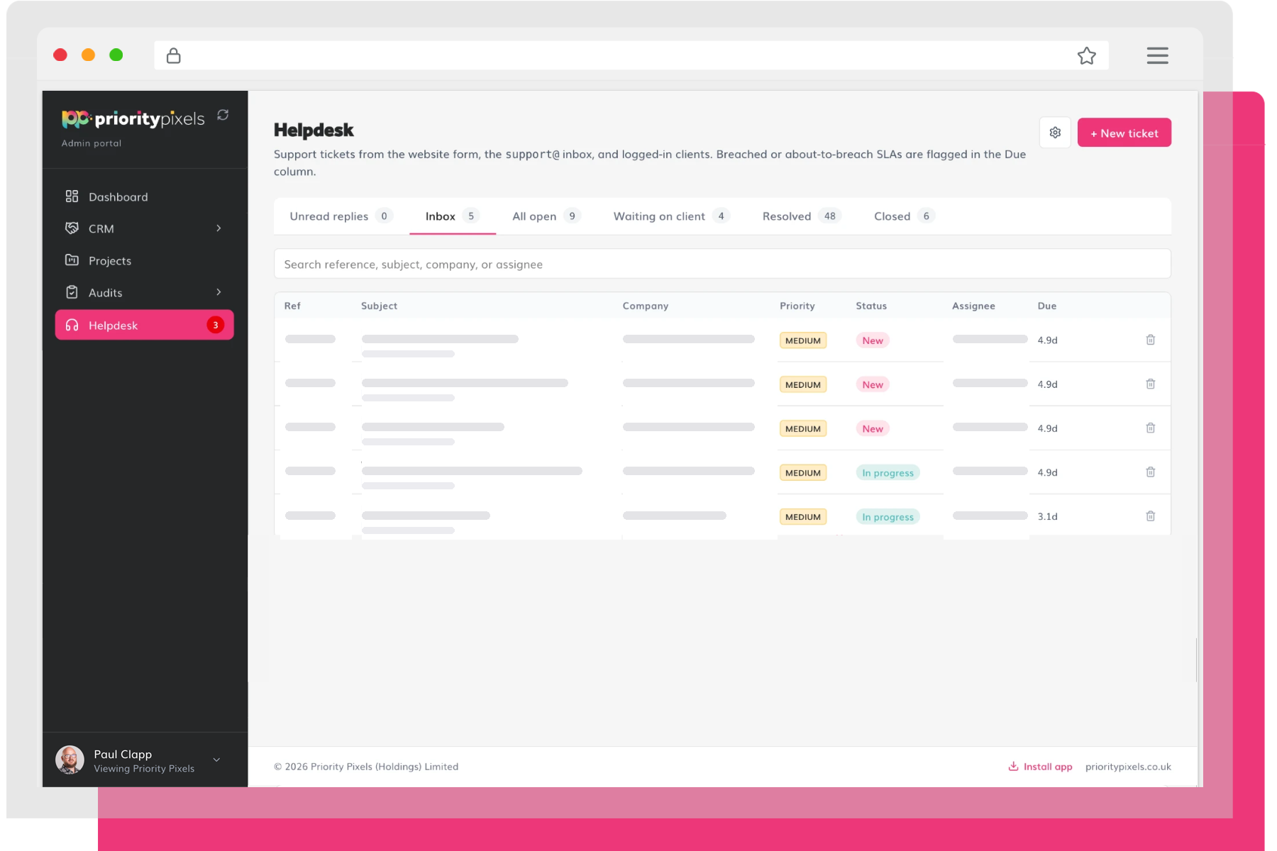 Priority Pixels Client Hub - Helpdesk view