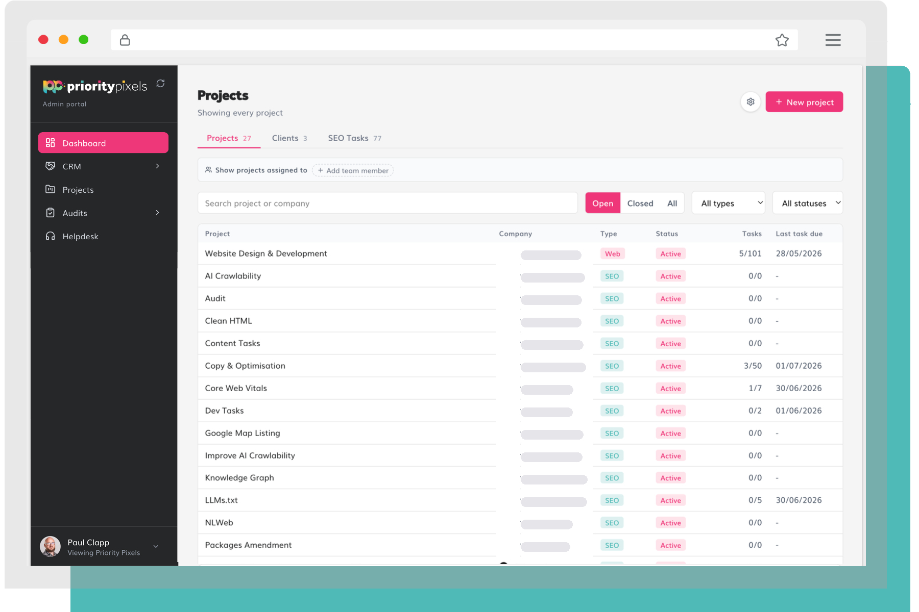 Priority Pixels Client Hub - Projects view